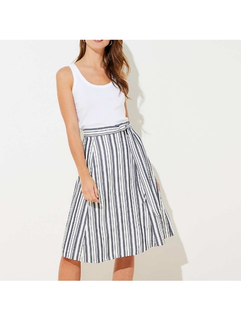 LOFT Tie Waist Navy and White Vertical-Strip Midi Skirt Size 14